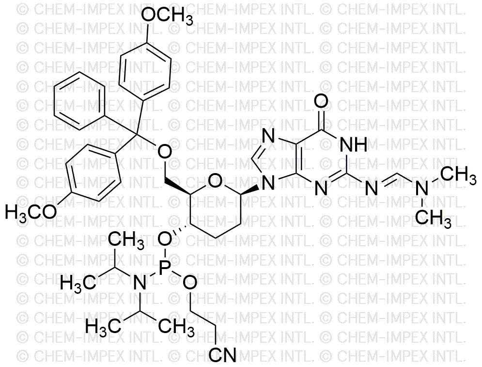 6'-O-(4,4'-diméthoxytrityl)-N2-diméthylformamidine-9-(2',3'-didésoxy-bD-glucopyranosyl)guanine-4'-cyanoéthyl phosphoramidite