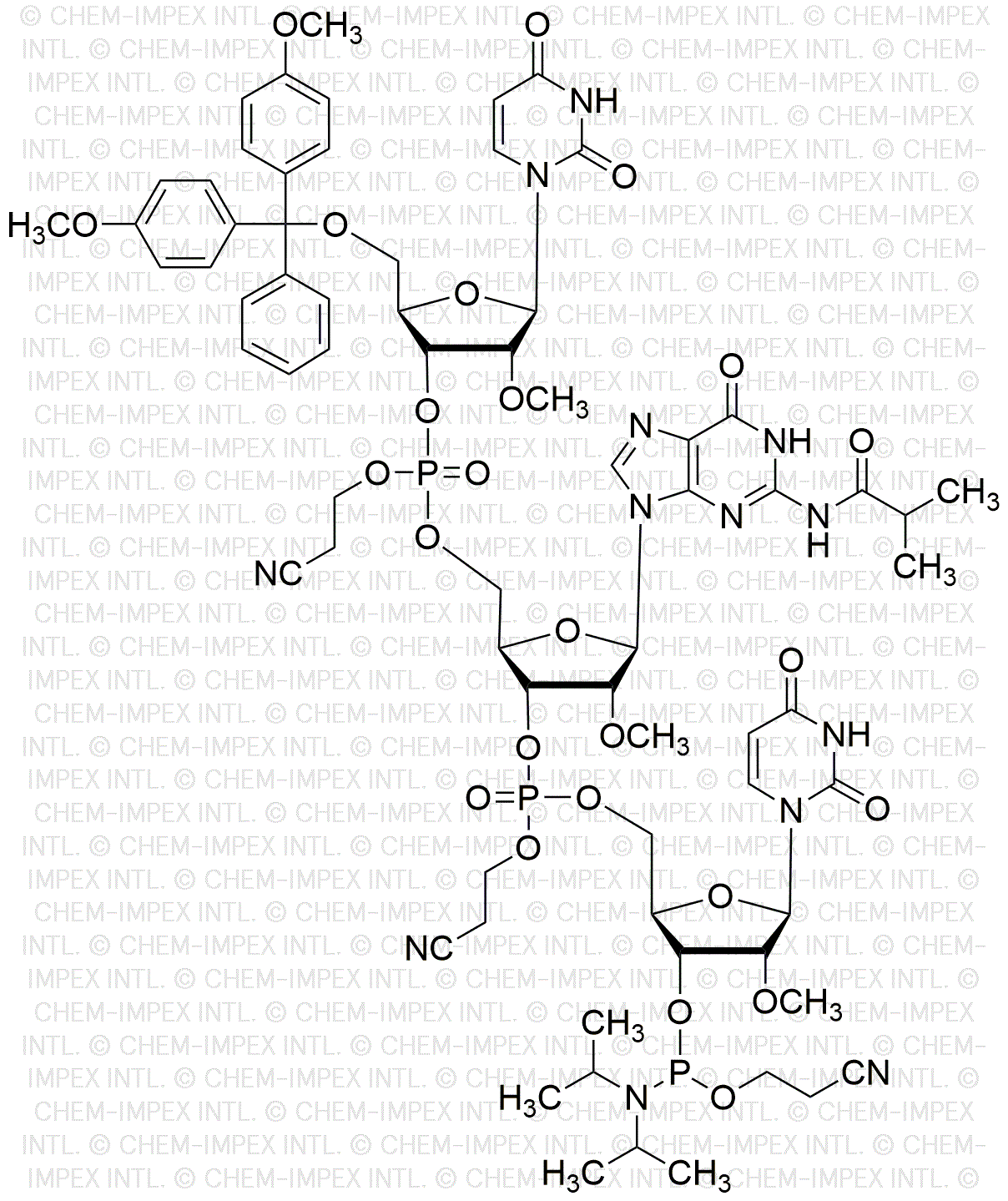 mU[5'-O-(4, 4'-dimetoxitritil)-2'-OMe-U](pCyEt)[2'-O-Me-G(iBu)](pCyEt)[2'-OMe-U-3'-cianoetil fosforamidita]-mG-Mu